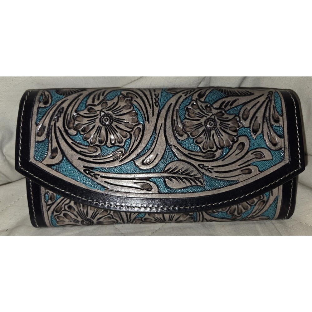SVK  T063 - Turquoise Black Floral Embossed Checkbook Wallet Button Zipper - NEW